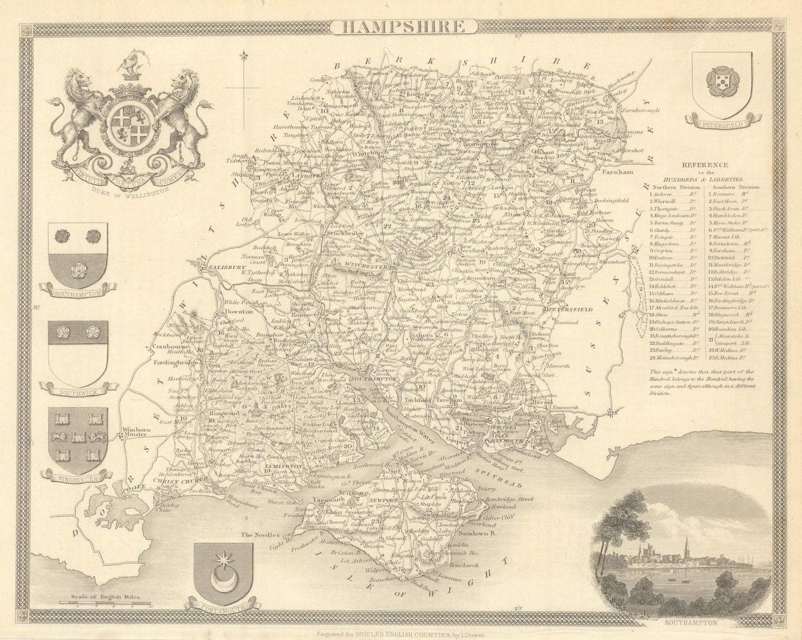 Hampshire antique county map by Thomas Moule 1837 old plan chart